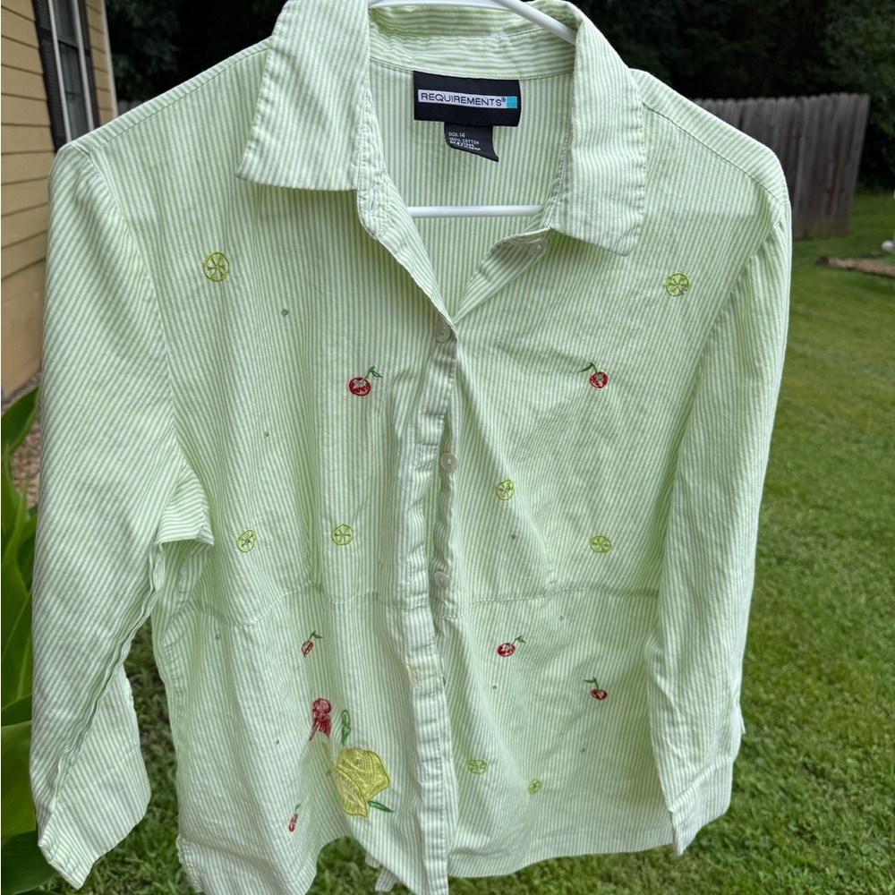Requirements Light Green Striped Shirt with Cherry Embroidery